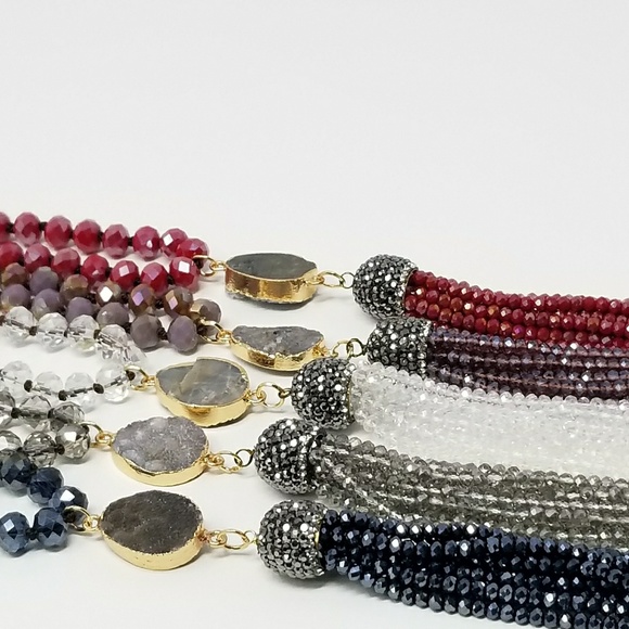 (RED) Druzy Tassel Necklace With Red Crystal Beads - Picture 3 of 3